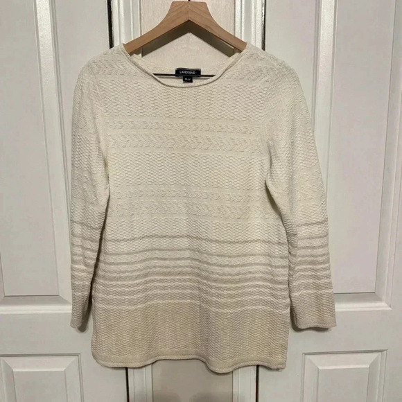 Lands’ End White & Tan Women’s Cotton Blend Sweater Size Medium Petite - Picture 1 of 13